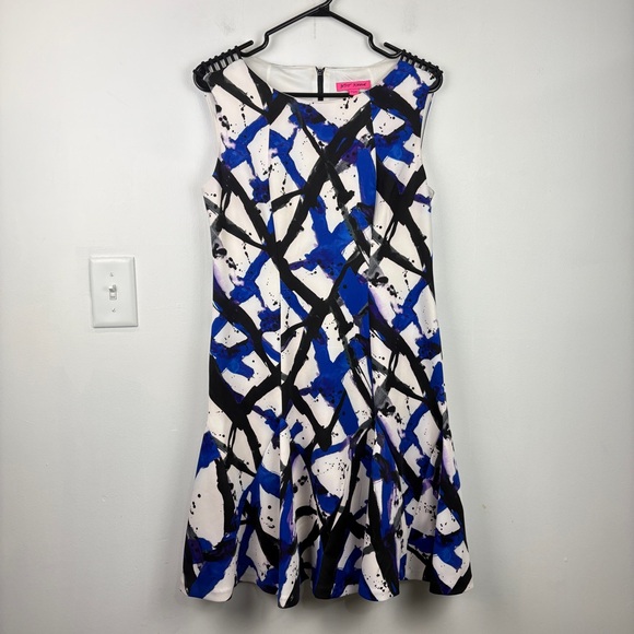 Betsey Johnson Abstract Paint Splash Fit & Flare Dress Blue Black White Artsy - Picture 3 of 12